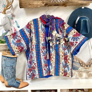 Boho Floral Stripe Kimono Jacket in Blue by